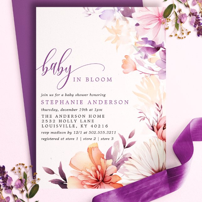 Convite Flor de Bebê Romântica Roxa Rosa Selvagem em Flor (Criador carregado)