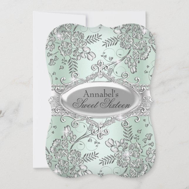 Convite Flor de Brilho Prata Verde Menta Doce 16 (Frente)