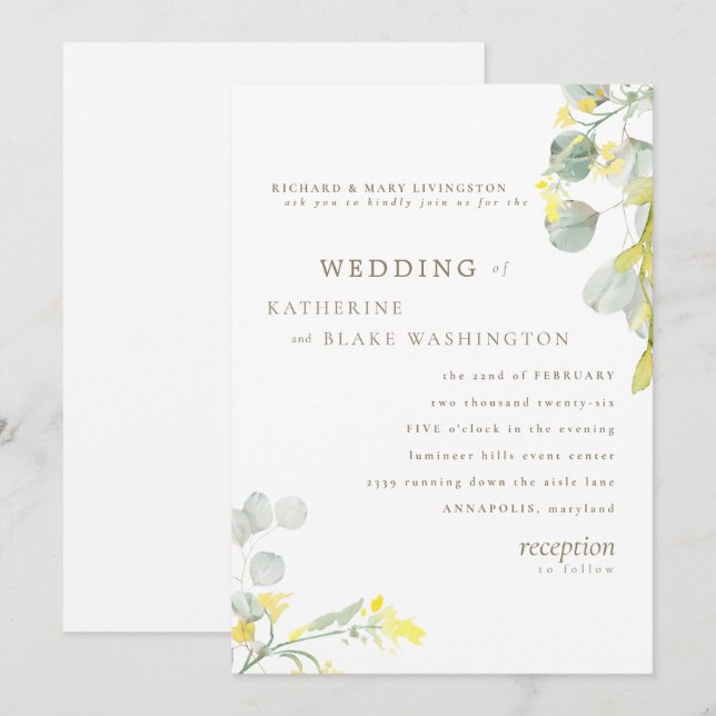 Convite Flor de Campo Amarela Casamento Eucalipto Dourado (Frente/Verso)