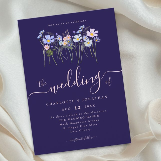 Convite Flor de Campo Floral Azul Marinho Rosa Desmaiado C (Elegant watercolor wildflower meadow navy blue blush pink floral wedding invitation)