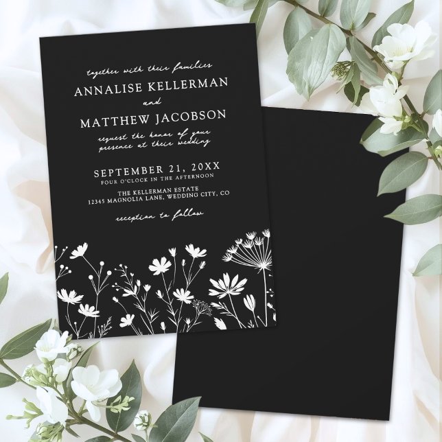 Convite Flor de Campo Preto Branco Casamento Floral (Wildflower Black White Floral Wedding Invitation)