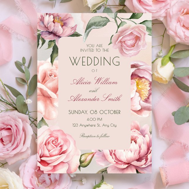 Convite Flor de casamento cor-de-rosa em flor (Criador carregado)
