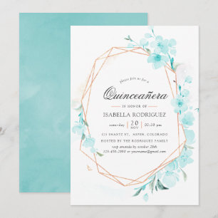 Convite Flor de Cerejeira Azul Geométrica Quinceañera de P