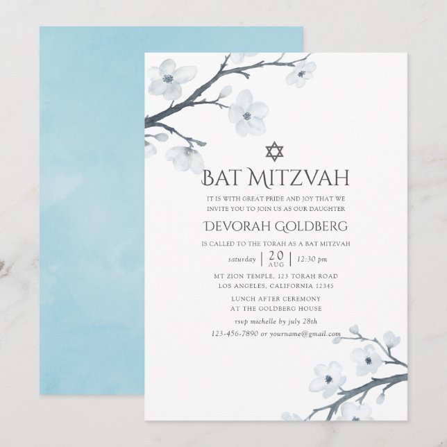 Convite Flor de Cerejeira Bat Mitzvah (Frente/Verso)