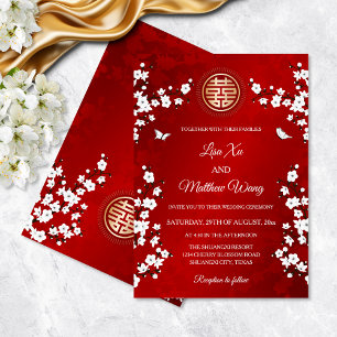 Convite Flor de Cerejeira Branca   Casamento Chinês Vermel