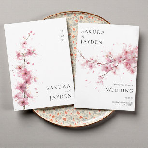 Convite Flor de Cerejeira Rosa Bege Casamento Japonês
