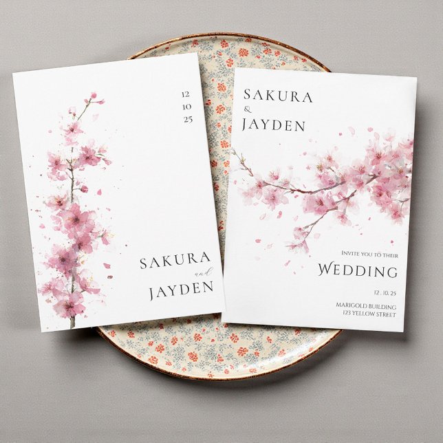 Convite Flor de Cerejeira Rosa Bege Casamento Japonês (Blush Pink Cherry Blossom Flower Japanese Wedding Invitation)