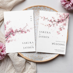 Convite Flor de Cerejeira Rosa Bege Casamento Japonês