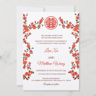 Convite FLOR DE CEREJEIRA VERMELHA BILÍNGUE   Casamento Ch