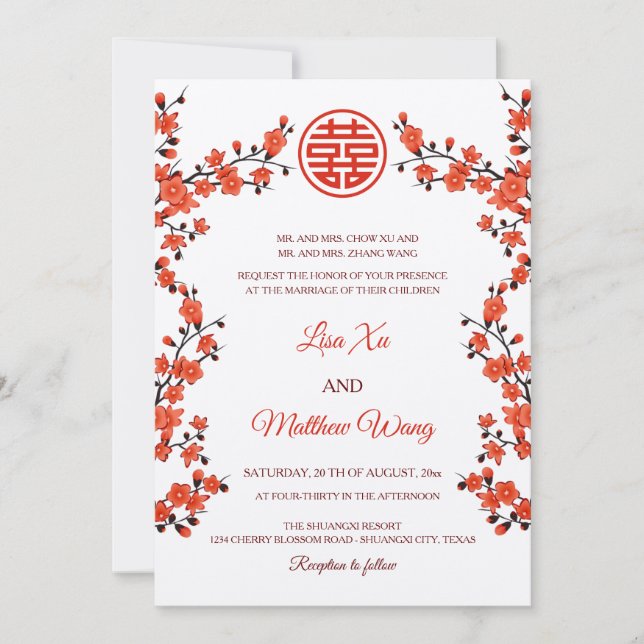 Convite FLOR DE CEREJEIRA VERMELHA BILÍNGUE | Casamento Ch (Frente)
