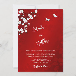 Convite Flor de Cerejeira Vermelha Branca Casamento Info