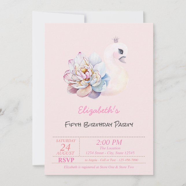 Convite Flor de Cisne Bebê Rosa Aniversário (Frente)