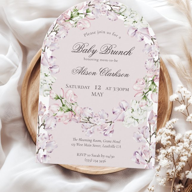 Convite Flor de ervilha doce Bebê brunch elegante lavanda (Criador carregado)
