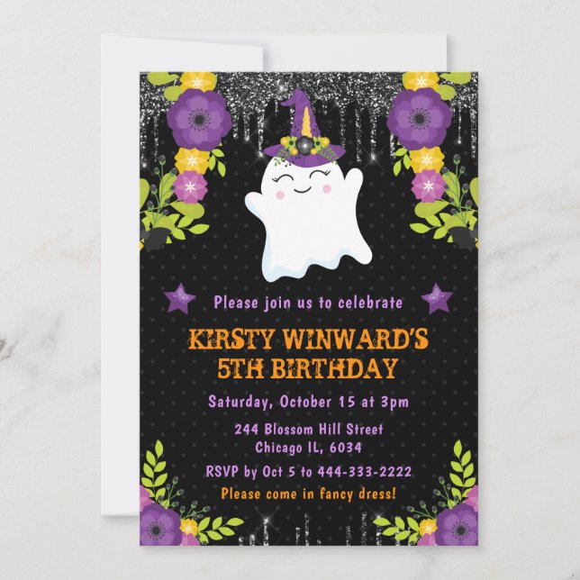 Convite Flor de Fantasma Bonito Aniversário de Halloween (Frente)
