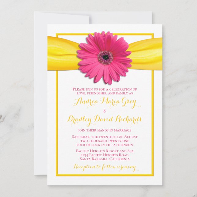 Convite Flor de Gerbera Rosa com Fita Amarela Casamento (Frente)