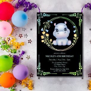Convite Flor de Hippopotâmus, Coroa, 4.º Aniversário, Pret