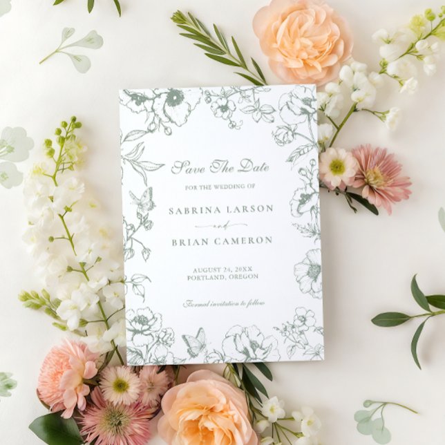 Convite Flor de Jardim Verde Sábio Elegante Salve a Data (Criador carregado)