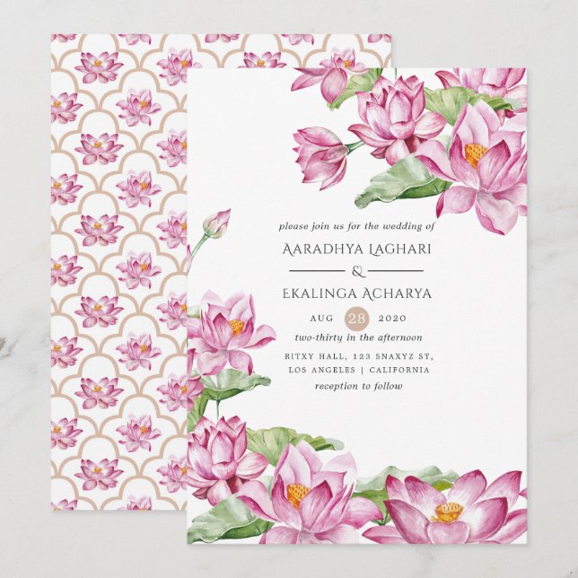 Convite Flor de Lótus Aquarela Casamento Indiano (Frente/Verso)