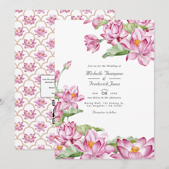 Convite Flor de Lótus Código QR Indiano RSVP Casamento (Frente/Verso)