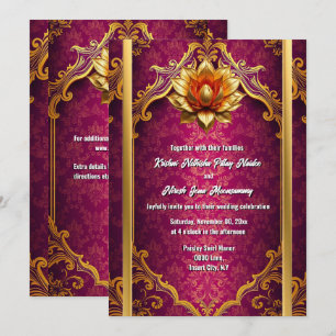 Convite Flor de lótus dourado ameixa hindi casamento hindu