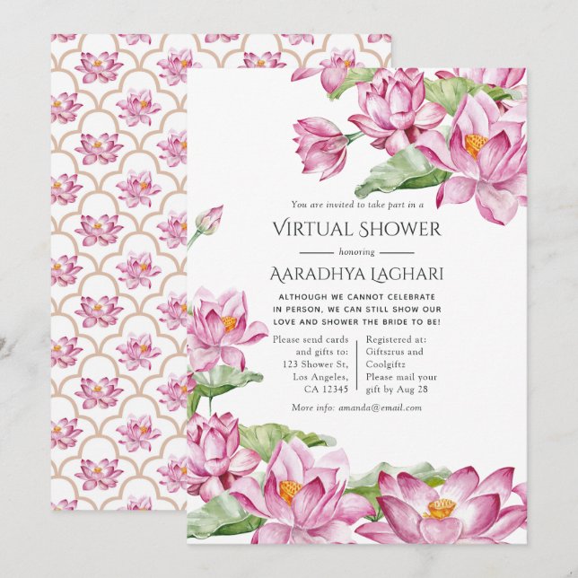 Convite Flor de Lótus em Aquarela Chuveiro Virtual Indiano (Frente/Verso)