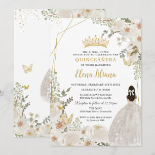Convite Flor de Marfim Branco Princesa Dourada Quinceanera