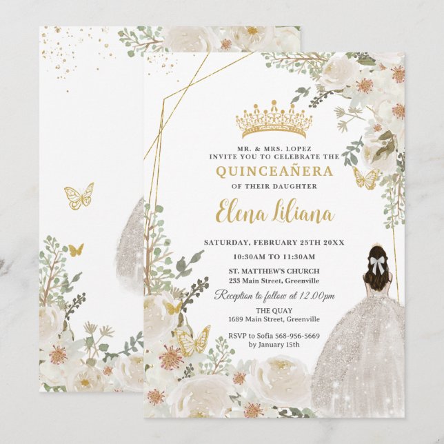 Convite Flor de Marfim Branco Princesa Dourada Quinceanera (Frente/Verso)