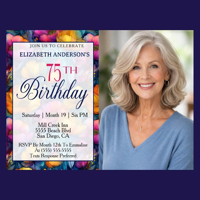 Convite Flor de Papoula Colorida e Vibrante Foto de Aniver (Colorful poppy floral 75th birthday photo invitation for woman milestone birthday celebration )