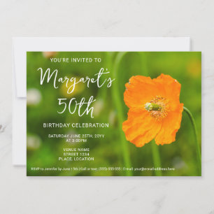Convite Flor de Papoula Laranja em Foto Verde Aniversário