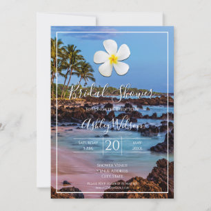 Convite Flor de Plumeria Branca com Praia Tropical, Bridal