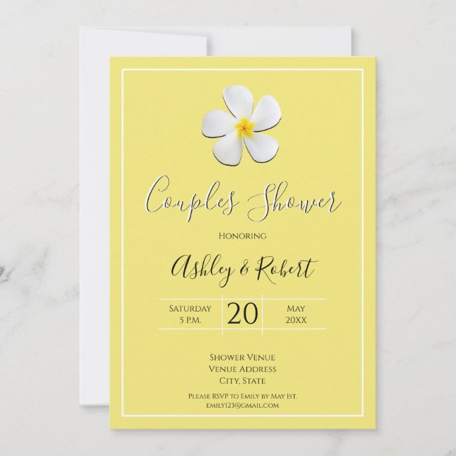Convite Flor de Plumeria Branca em Amarelo, Chá Casal (Frente)