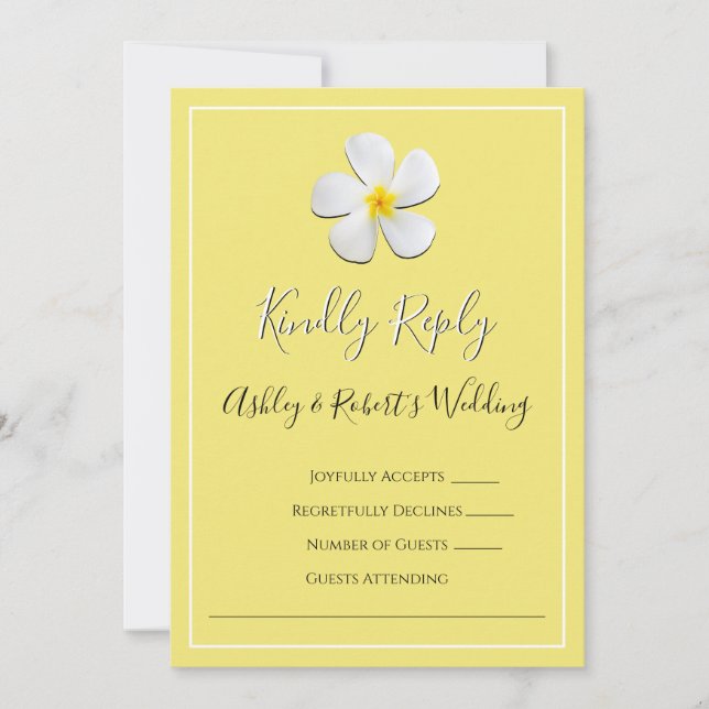 Convite Flor de Plumeria Branca em Amarelo, RSVP (Frente)