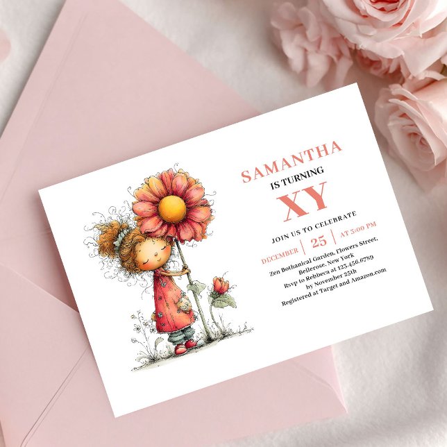 Convite Flor de Rosa para 1º Aniversário da Menina (Whimsical Fairy Girl 2nd Birthday Pink Blush invitation)