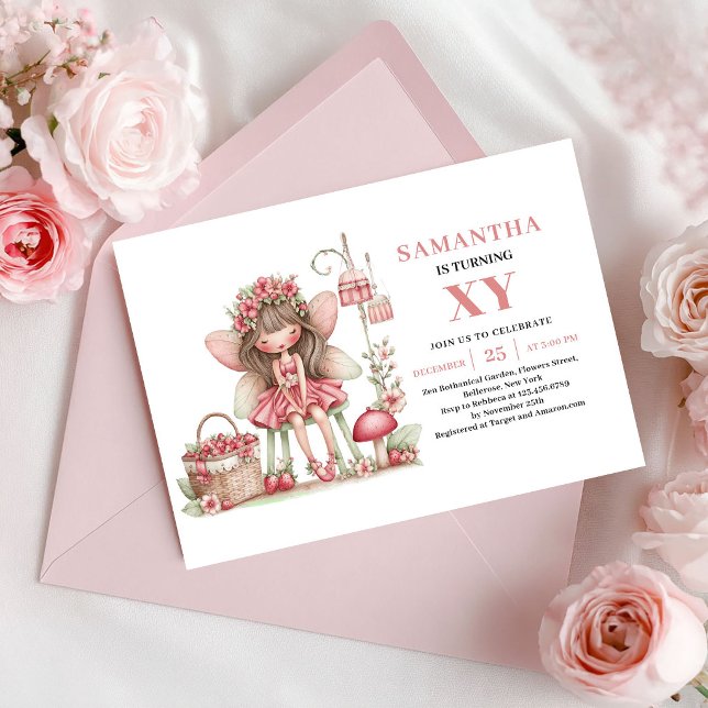 Convite Flor de Rosa para o 5º Aniversário da Meni (Cute Fairy Girl 5th Birthday Floral Pink Invitation)