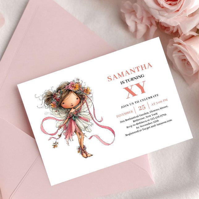 Convite Flor de Rosa para o 9º Aniversário da Meni (Whimsy Fairy Girl 9th Birthday Floral Pink invitation)