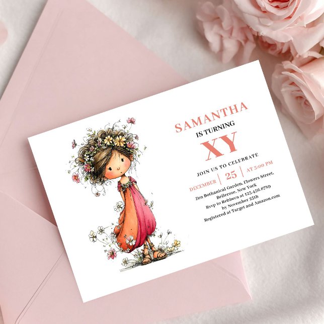 Convite Flor de Rosa para o 9º Aniversário da Meni (Soft Fairy Girl 9th Birthday Floral Pink invitation)