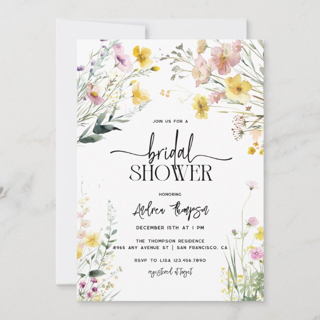Convite Flor de Verão Selvagem |  Chuveiro de Noiva com Le (Frente)