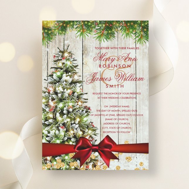 Convite Flor Dourada de Fita de Casamento de Natal Russo (Rustic Christmas Wedding Tree Ribbon Gold Glitter Invitation)