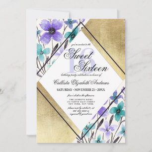 Convite Flor Dourado Roxo Moderno Aquarelas Sweet 16