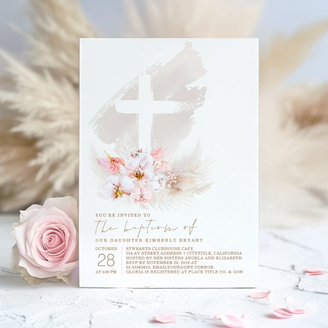 Convite Flor Exótico Rosa Pampas Garota Cinzenta Rosa Bati (Pink Baptism Invitation)