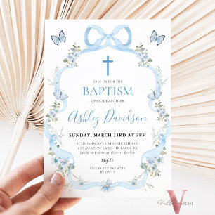 Convite Flor Floral Arco Azul Baptism Christening