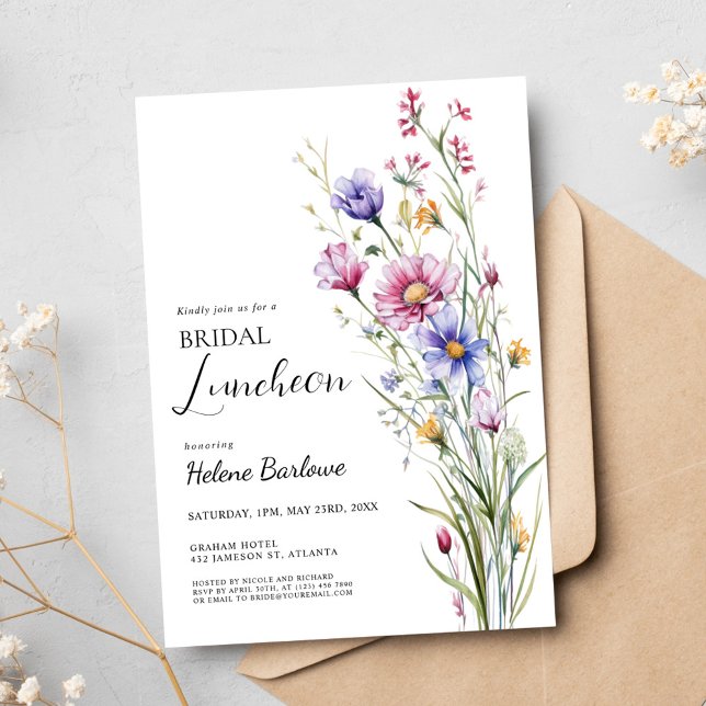 Convite Flor Floral Bridal Elegante (Elegant Wildflower Floral Bridal Luncheon Invitation)