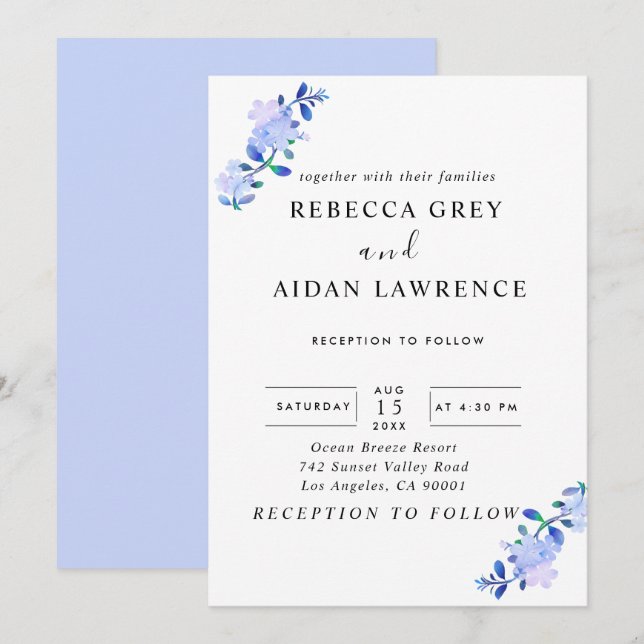 Convite flor & folhas em azul empoeirado rústico em estilo (Frente/Verso)