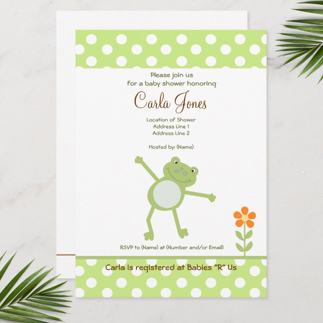 Convite Flor Laranja-Chá de fraldas Verde-Ponto-De-Pulso-B (Leap Frog Baby Shower Invitations)