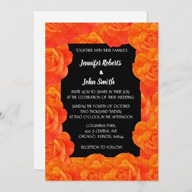 Convite Flor Laranja Preto Floral QR Código Rosa Casamento (Frente/Verso)