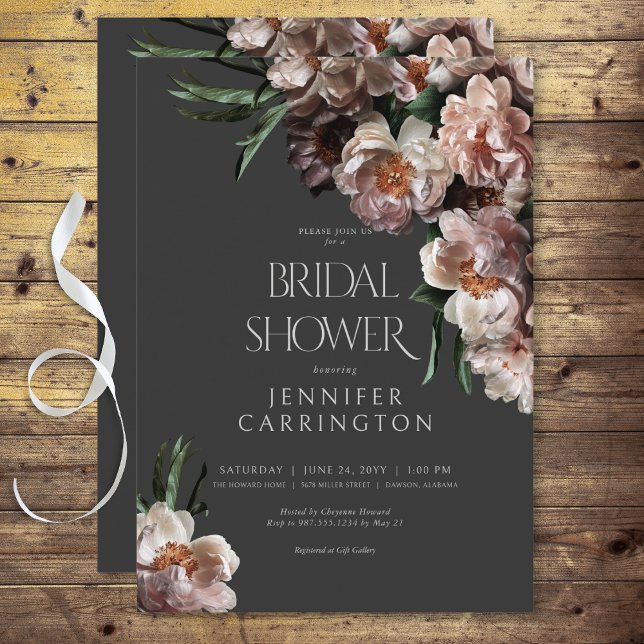 Convite Flor Moderno Escuro Brilha Chá de panela Preto (Modern Dark Flower Blossoms Black Bridal Shower Invitation)