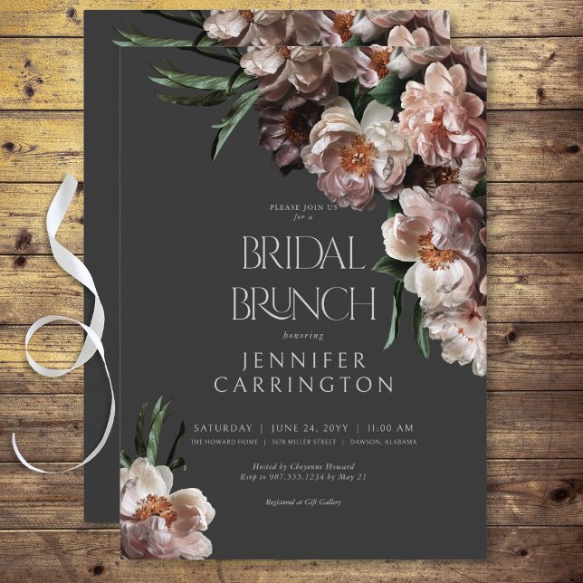 Convite Flor Moderno Escuro Brilha Negra Bridal Brunch (Modern Dark Flower Blossoms Black Bridal Brunch Invitation)