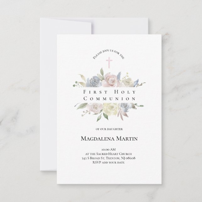 Convite flor pálida de aquarela Primeira Comunhão (Frente)