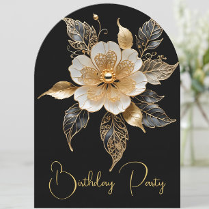 Convite Flor Preta Branca Dourada de Aniversário Elegante