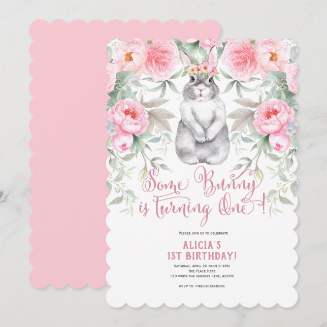 Convite Flor Rosa, Aquarela, Um Coelhinho É Um (Frente/Verso)